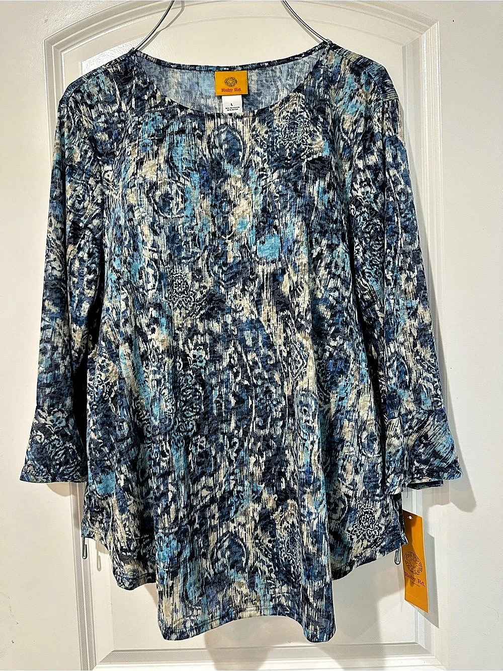 NWT Ruby Rd. Blue Ikat Paisley 3/4 Ruffle Sleeve Top - Size L